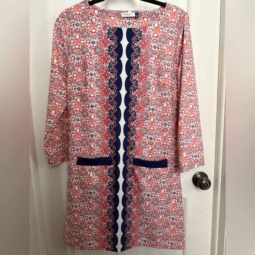 Cabana Life L Shift Dress Coral Navy White wrinkle-resistant fabric, 3/4 sleeve